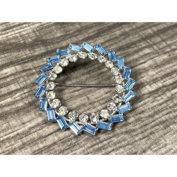 Carl Art Jewelry - Vintage Carl Art Sterling Silver Blue Baguette Clear Round Rhinestone Brooch Pin